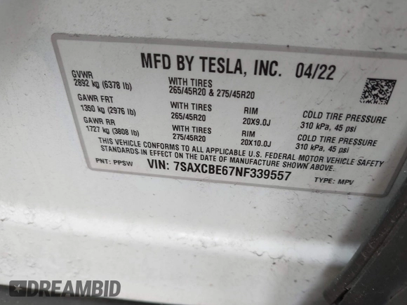 2022 Tesla Model X Plaid z VIN 7SAXCBE67NF339557, wystawiony jako IAAI lot #41825360 z przebiegiem 70 mil mil oraz . Historia ofert i sprzedaży dostępna na DreamBid. Obrazek 9.