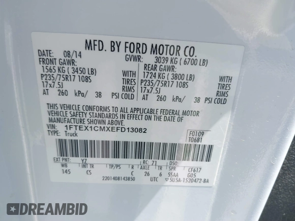 2014 Ford F-150 XL with VIN 1FTEX1CMXEFD13082, listed as a IAAI auction lot 40035539 with 204,751 mi miles and . Bid and sale history available at DreamBid. Image 9.