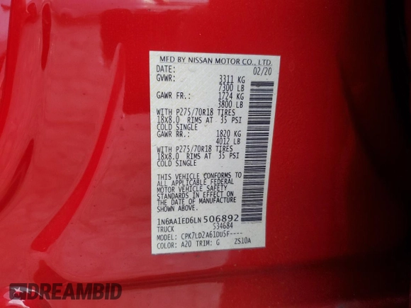 2020 Nissan Titan SL with VIN 1N6AA1ED6LN506892, listed as a Copart auction lot 88091765 with 41,910 mi miles and Salvage title. Bid and sale history available at DreamBid. Image 13.