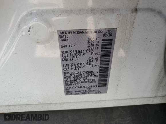2016 Nissan Rogue SL with VIN 5N1AT2MT7GC922863, listed as a Copart auction lot 52781605 with 55,315 mi miles and Salvage Title. Bid and sale history available at carsss.com. Image 13.