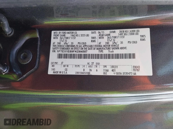 2015 Ford F-150 XLT with VIN 1FTEX1E89FKD84587, listed as a IAAI auction lot 42102545 with 141,265 mi miles. Bid and sale history available at carsss.com. Image 9.