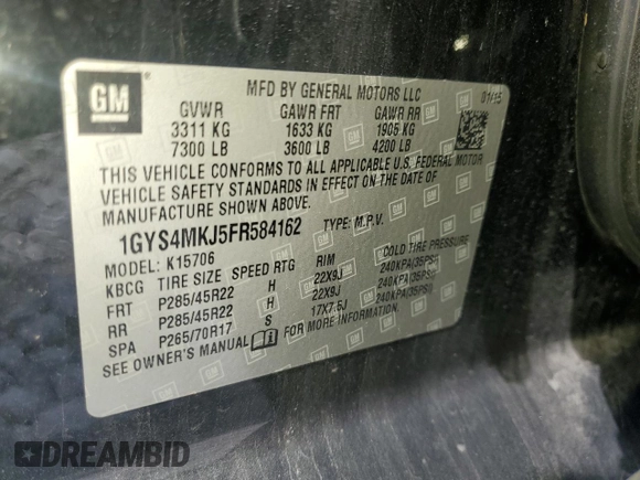 2015 Cadillac Escalade Luxury z VIN 1GYS4MKJ5FR584162, wystawiony jako Copart lot #54358175 z przebiegiem 153 137 mil mil oraz Szkoda całkowita • Salvage title. Historia ofert i sprzedaży dostępna na DreamBid. Obrazek 13.