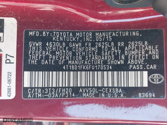 2015 Toyota Camry Hybrid LE with VIN 4T1BD1FK6FU170534, listed as a IAAI auction lot 41211638 with 120,059 mi miles. Bid and sale history available at carsss.com. Image 9.