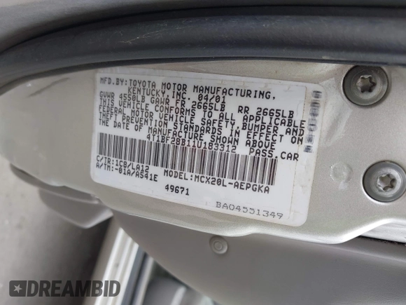 2001 Toyota Avalon XL with VIN 4T1BF28B11U183312, listed as a IAAI auction lot 42185284 with 319,027 mi miles and . Bid and sale history available at DreamBid. Image 9.