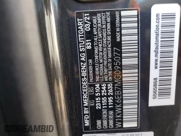 2021 Mercedes-Benz C with VIN W1KWK6EB7MG095077, listed as a Copart auction lot 63527184 with 17,239 mi miles and Salvage title. Bid and sale history available at DreamBid. Image 13.