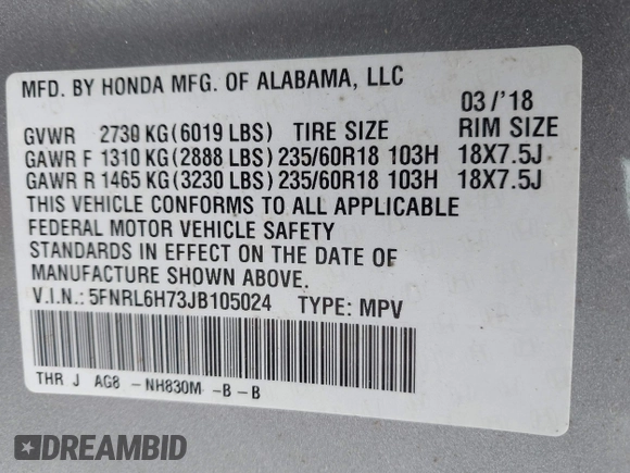 2018 Honda Odyssey EX-L with VIN 5FNRL6H73JB105024, listed as a IAAI auction lot 41663862 with 76,172 mi miles. Bid and sale history available at carsss.com. Image 9.