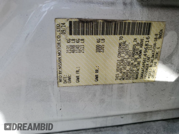 2014 Nissan Maxima SV with VIN 1N4AA5AP6EC496816, listed as a Copart auction lot 46168415 with 157,843 mi miles and Salvage title. Bid and sale history available at DreamBid. Image 15.