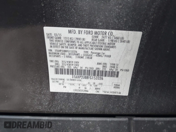 2015 Ford Taurus Limited with VIN 1FAHP2J88FG153326, listed as a IAAI auction lot 41465344 with 98,727 mi miles. Bid and sale history available at carsss.com. Image 9.