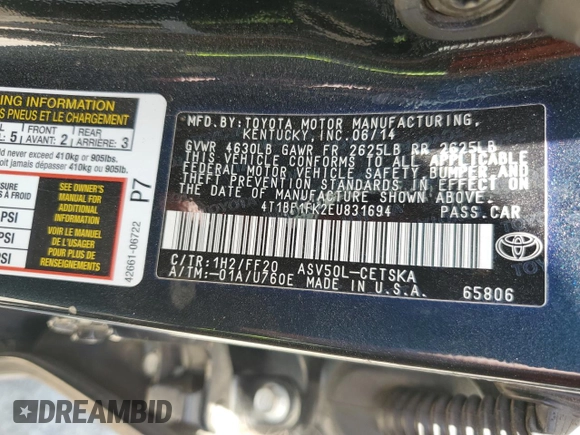 2014 Toyota Camry L with VIN 4T1BF1FK2EU831694, listed as a Copart auction lot 53942985 with 174,395 mi miles and Salvage Title. Bid and sale history available at carsss.com. Image 12.