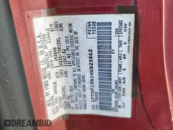 1992 Ford F-150 with VIN 1FTDF15N1NKB23862, listed as a Copart auction lot 65095475 with 100,853 mi miles and Clean title. Bid and sale history available at DreamBid. Image 12.