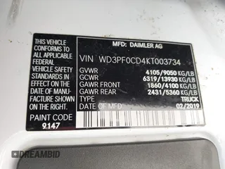 2019 Mercedes-Benz Sprinter Cargo with VIN WD3PF0CD4KT003734, listed as a IAAI auction lot 41992890 with 68,378 mi miles. Bid and sale history available at carsss.com. Image 9.