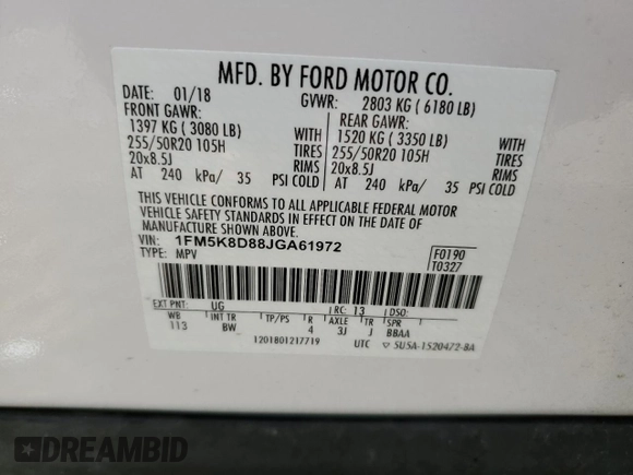 2018 Ford Explorer XLT z VIN 1FM5K8D88JGA61972, wystawiony jako Copart lot #52791995 z przebiegiem 73 648 mil mil oraz Szkoda całkowita • Salvage title. Historia ofert i sprzedaży dostępna na DreamBid. Obrazek 13.