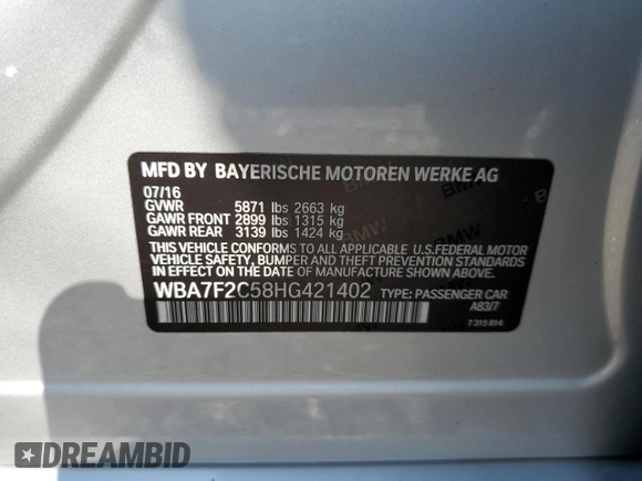 2017 BMW 7 Series ALPINA B7 xDrive with VIN WBA7F2C58HG421402, listed as a Copart auction lot 60721823 with 61,988 mi miles. Bid and sale history available at carsss.com. Image 12.