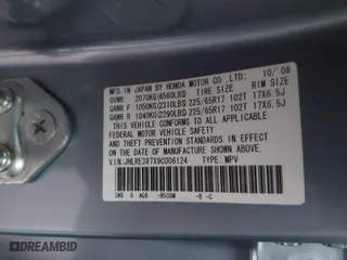 2009 Honda CR-V EX-L with VIN JHLRE387X9C006124, listed as a IAAI auction lot 41757092 with 142,038 mi miles. Bid and sale history available at carsss.com. Image 9.