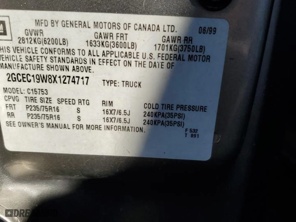 1999 Chevrolet Silverado 1500 LS with VIN 2GCEC19W8X1274717, listed as a Copart auction lot 84454814 with 0 mi miles and Salvage Title. Bid and sale history available at carsss.com. Image 12.