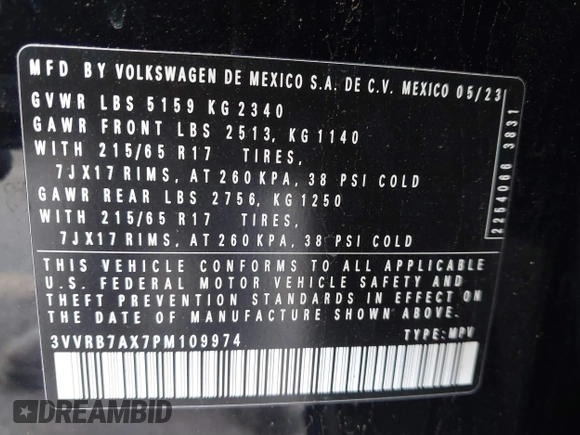 2023 Volkswagen Tiguan S with VIN 3VVRB7AX7PM109974, listed as a IAAI auction lot 41686163 with 42,284 mi miles and . Bid and sale history available at DreamBid. Image 9.