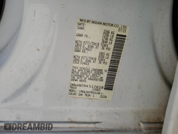 2015 Nissan Titan Pro-4X z VIN 1N6AA0EC9FN512658, wystawiony jako Copart lot #68066964 z przebiegiem 131 026 mil mil oraz Szkoda całkowita • Salvage title. Historia ofert i sprzedaży dostępna na DreamBid. Obrazek 15.