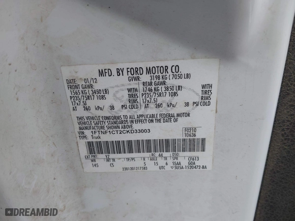 2012 Ford F-150 XL with VIN 1FTNF1CT2CKD33003, listed as a IAAI auction lot 41459612 with 241,717 mi miles. Bid and sale history available at carsss.com. Image 9.