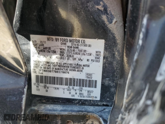 2011 Ford F-350 XL with VIN 1FT8W3BT7BEC19876, listed as a Copart auction lot 66935314 with 252,564 mi miles and Salvage Title. Bid and sale history available at DreamBid. Image 12.