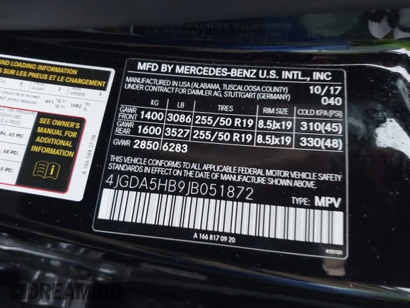 2018 Mercedes-Benz GLE 350 with VIN 4JGDA5HB9JB051872, listed as a IAAI auction lot 41972147 with 48,417 mi miles and . Bid and sale history available at DreamBid. Image 9.