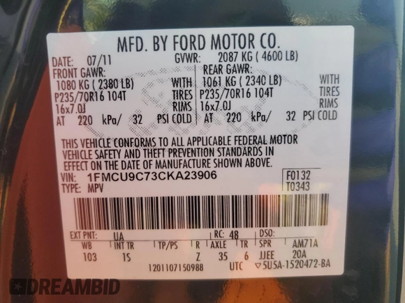 2012 Ford Escape XLS with VIN 1FMCU9C73CKA23906, listed as a Copart auction lot 59628245 with 108,787 mi miles and Salvage title. Bid and sale history available at DreamBid. Image 13.