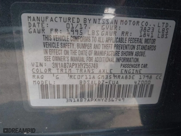 2017 Nissan Sentra S with VIN 3N1AB7APXHY256749, listed as a IAAI auction lot 40158701 with 97,304 mi miles. Bid and sale history available at carsss.com. Image 9.