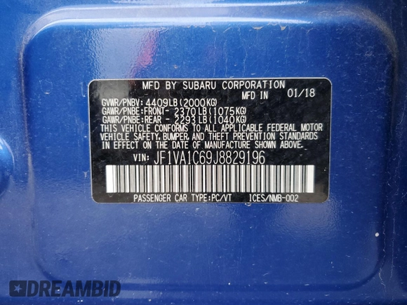 2018 Subaru WRX Premium with VIN JF1VA1C69J8829196, listed as a Copart auction lot 79181634 with 57,449 mi miles and Salvage Title. Bid and sale history available at carsss.com. Image 14.