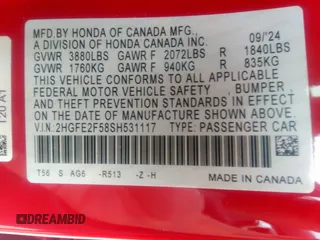 2025 Honda Civic Sport with VIN 2HGFE2F58SH531117, listed as a IAAI auction lot 40765885 with 205 mi miles and . Bid and sale history available at carsss.com. Image 9.
