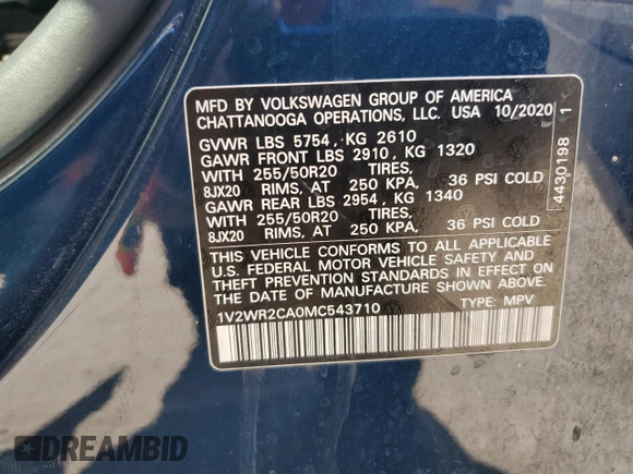 2021 Volkswagen Atlas SE z VIN 1V2WR2CA0MC543710, wystawiony jako Copart lot #54196735 z przebiegiem Nie podano mil oraz Szkoda całkowita • Salvage title. Historia ofert i sprzedaży dostępna na DreamBid. Obrazek 13.