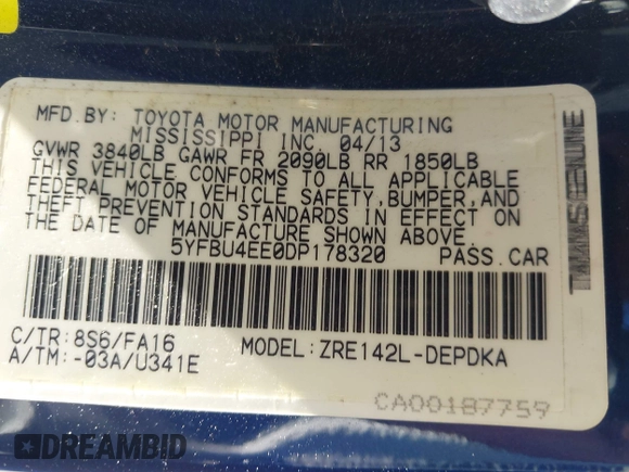 2013 Toyota Corolla L with VIN 5YFBU4EE0DP178320, listed as a IAAI auction lot 42024591 with 146,803 mi miles and . Bid and sale history available at DreamBid. Image 9.