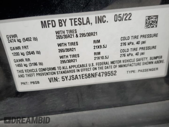 2022 Tesla Model S z VIN 5YJSA1E58NF479552, wystawiony jako Copart lot #48290275 z przebiegiem 78 931 mil mil oraz Szkoda całkowita • Salvage title. Historia ofert i sprzedaży dostępna na DreamBid. Obrazek 12.