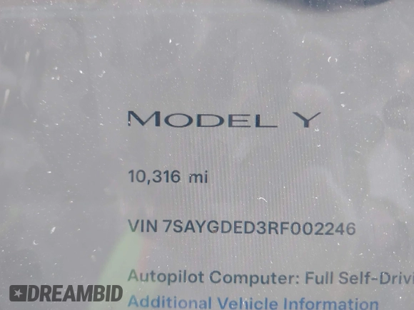 2024 Tesla Model Y with VIN 7SAYGDED3RF002246, listed as a IAAI auction lot 41566184 with 10,316 mi miles and . Bid and sale history available at DreamBid. Image 14.