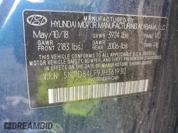 2018 Hyundai Elantra SEL z VIN 5NPD84LF9JH361930, wystawiony jako Copart lot #56931055 z przebiegiem 125 474 mil mil oraz Szkoda całkowita • Salvage title. Historia ofert i sprzedaży dostępna na DreamBid. Obrazek 12.