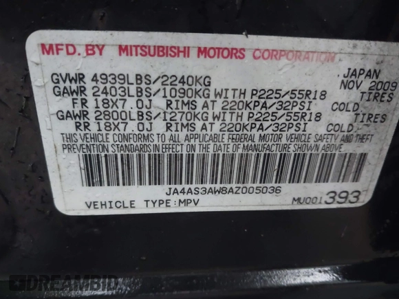 2010 Mitsubishi Outlander SE with VIN JA4AS3AW8AZ005036, listed as a IAAI auction lot 42184336 with 224,226 mi miles and . Bid and sale history available at DreamBid. Image 9.