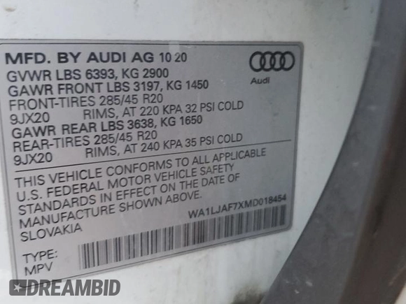 2021 Audi Q7 Premium Plus with VIN WA1LJAF7XMD018454, listed as a Copart auction lot 86490354 with Not provided miles and Salvage title. Bid and sale history available at DreamBid. Image 14.
