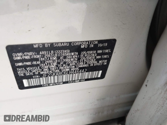 2020 Subaru Forester Special Sports with VIN JF2SKARC6LH446442, listed as a IAAI auction lot 41476720 with 57,470 mi miles and . Bid and sale history available at DreamBid. Image 9.
