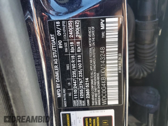 2019 Mercedes-Benz GLC with VIN WDC0G4KB1KV143248, listed as a Copart auction lot 45199195 with 52,639 mi miles and Salvage Title. Bid and sale history available at carsss.com. Image 14.