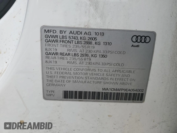 2014 Audi Q5 Premium Plus with VIN WA1CMAFP9EA054002, listed as a Copart auction lot 52947065 with Not provided miles and Clean title. Bid and sale history available at DreamBid. Image 15.