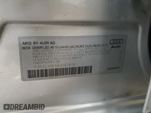2005 Audi A4 1.8T SE with VIN WAULC68E55A067876, listed as a Copart auction lot 43747575 with 166,626 mi miles and Clean Title. Bid and sale history available at carsss.com. Image 12.