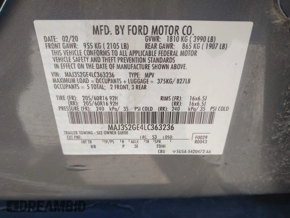 2020 Ford EcoSport SE with VIN MAJ3S2GE4LC363236, listed as a IAAI auction lot 41740958 with 69,041 mi miles. Bid and sale history available at carsss.com. Image 9.
