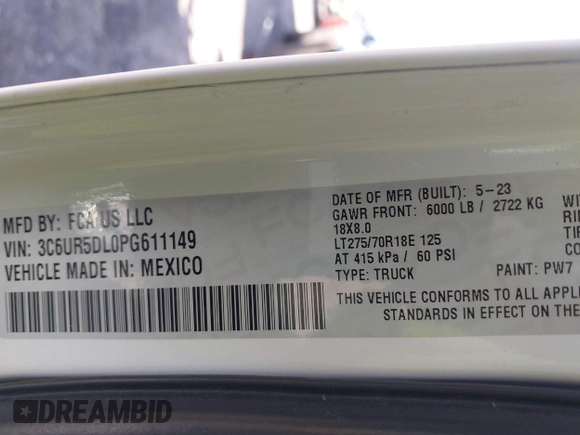 2023 Ram 2500 Big Horn with VIN 3C6UR5DL0PG611149, listed as a IAAI auction lot 41830205 with 58,997 mi miles. Bid and sale history available at carsss.com. Image 9.