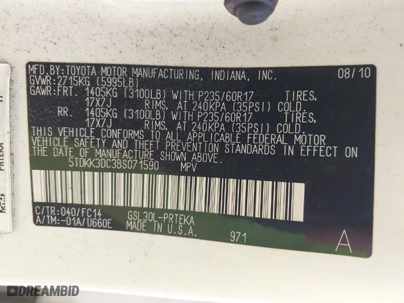 2011 Toyota Sienna LE AAS with VIN 5TDKK3DC3BS071590, listed as a IAAI auction lot 41903754 with 159,389 mi miles. Bid and sale history available at carsss.com. Image 9.