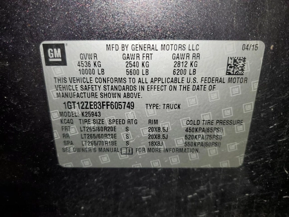 2015 GMC Sierra 2500HD SLT with VIN 1GT12ZE83FF605749, listed as a Copart auction lot 86319134 with 347,759 mi miles and Salvage Title. Bid and sale history available at carsss.com. Image 12.