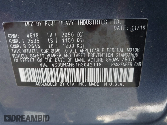 2017 Subaru Legacy Limited with VIN 4S3BNAN61H3042118, listed as a IAAI auction lot 42010277 with 29,921 mi miles and . Bid and sale history available at DreamBid. Image 9.