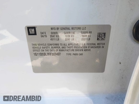 2015 Chevrolet Malibu LT with VIN 1G11D5SL7FF307497, listed as a IAAI auction lot 42088831 with 125,368 mi miles and . Bid and sale history available at DreamBid. Image 9.