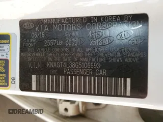 2016 Kia Optima LX with VIN KNAGT4L38G5106693, listed as a Copart auction lot 53914455 with 0 mi miles and Salvage Title. Bid and sale history available at carsss.com. Image 12.