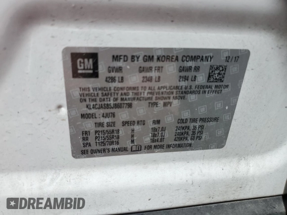 2018 Buick Encore Preferred with VIN KL4CJASB5JB607798, listed as a Copart auction lot 49387735 with 42,959 mi miles and Salvage Title. Bid and sale history available at carsss.com. Image 15.