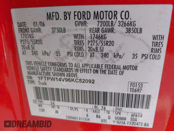 2006 Ford F-150 XLT z VIN 1FTPW14V96KC52092, wystawiony jako IAAI lot #42034553 z przebiegiem 178 376 mil mil oraz . Historia ofert i sprzedaży dostępna na DreamBid. Obrazek 9.