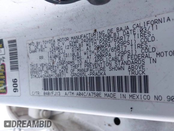 2011 Toyota Tacoma PreRunner with VIN 3TMJU4GN4BM120871, listed as a IAAI auction lot 41367953 with Not Provided miles and . Bid and sale history available at DreamBid. Image 9.