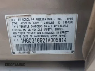 2001 Honda Accord EX с VIN 1HGCG16521A005814, выставлен на аукционе IAAI как лот 42537549 с пробегом Не указан миль и . История ставок и продаж доступна на DreamBid. Изображение 9.
